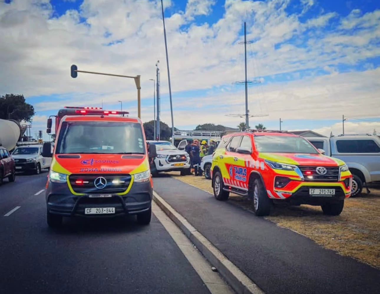 Taurus ambulance and response vehicle attending a roadside scene
